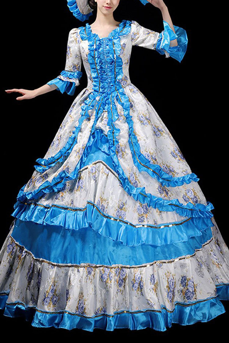 Floral Print Ruffled Multi-Layer Victorian Gown - Half Sleeves
