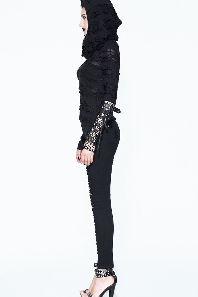 Women's Punk Shirt with Hooded Ripped Finger Covered Splice Mesh Leather Loop Lace Up