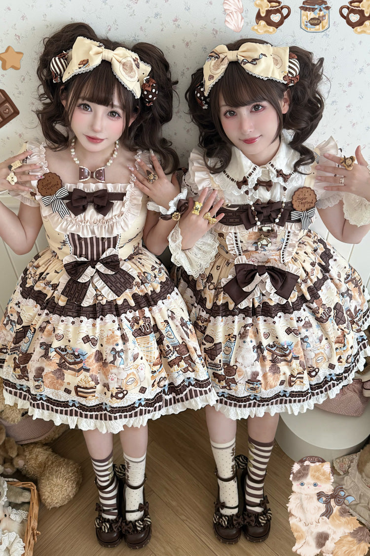 Square Collar Sleeveless Ruffled Bow Daily JSK Dress in 2 Colors - Chocolate Cake Party