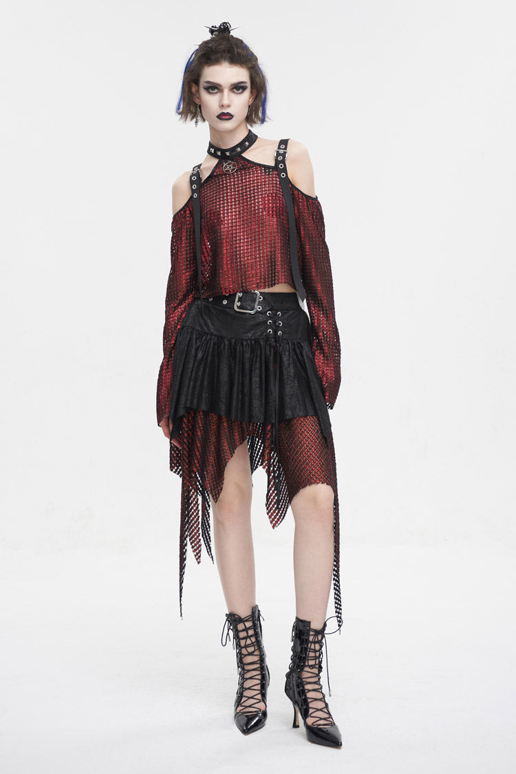 Crimson Noir Asymmetrical Mesh Patch Buckled Women's Gothic Skirt