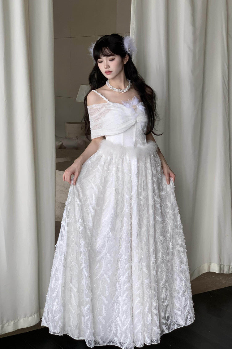 White Off Shoulder Jacquard Embroidered Bow Gothic Lolita Jsk Dress - Moonlight