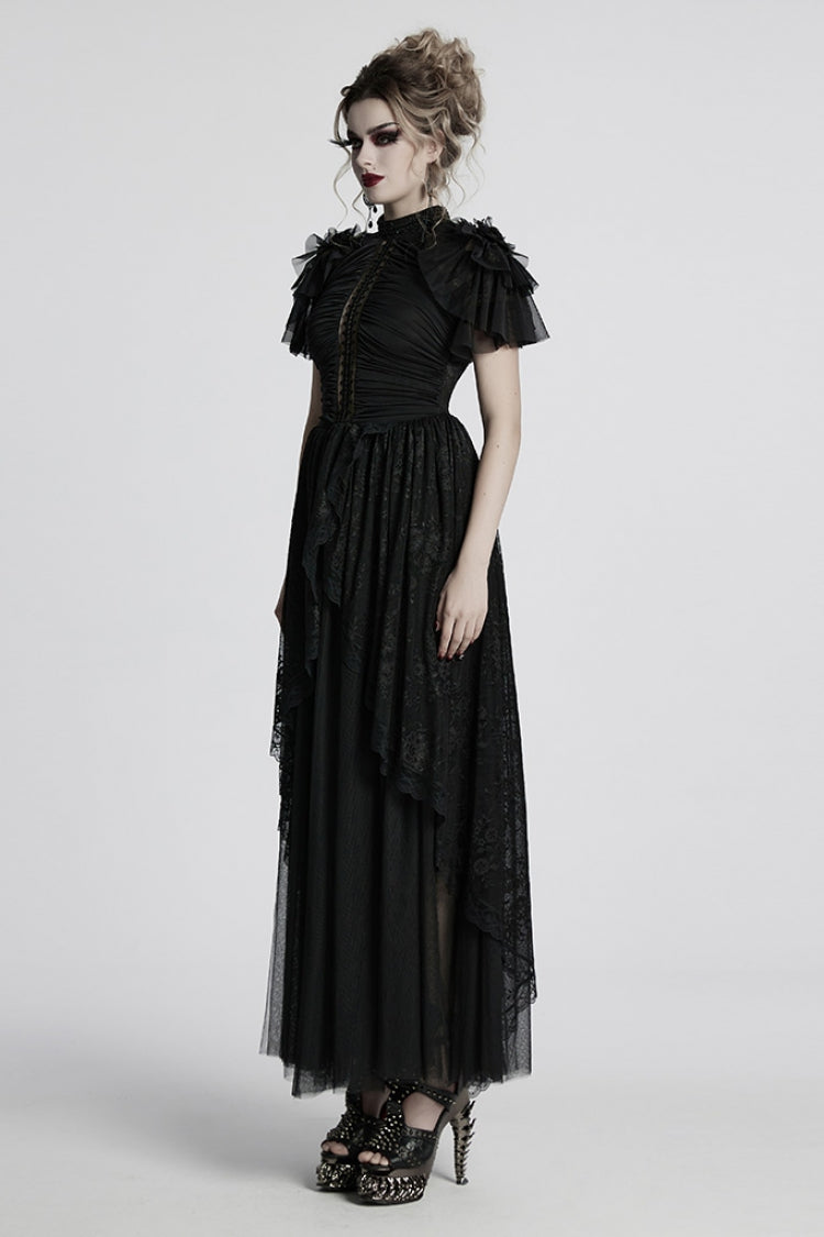 Black Short Sleeves Ruffle Stitching Lace Gothic Layered Ball Gown