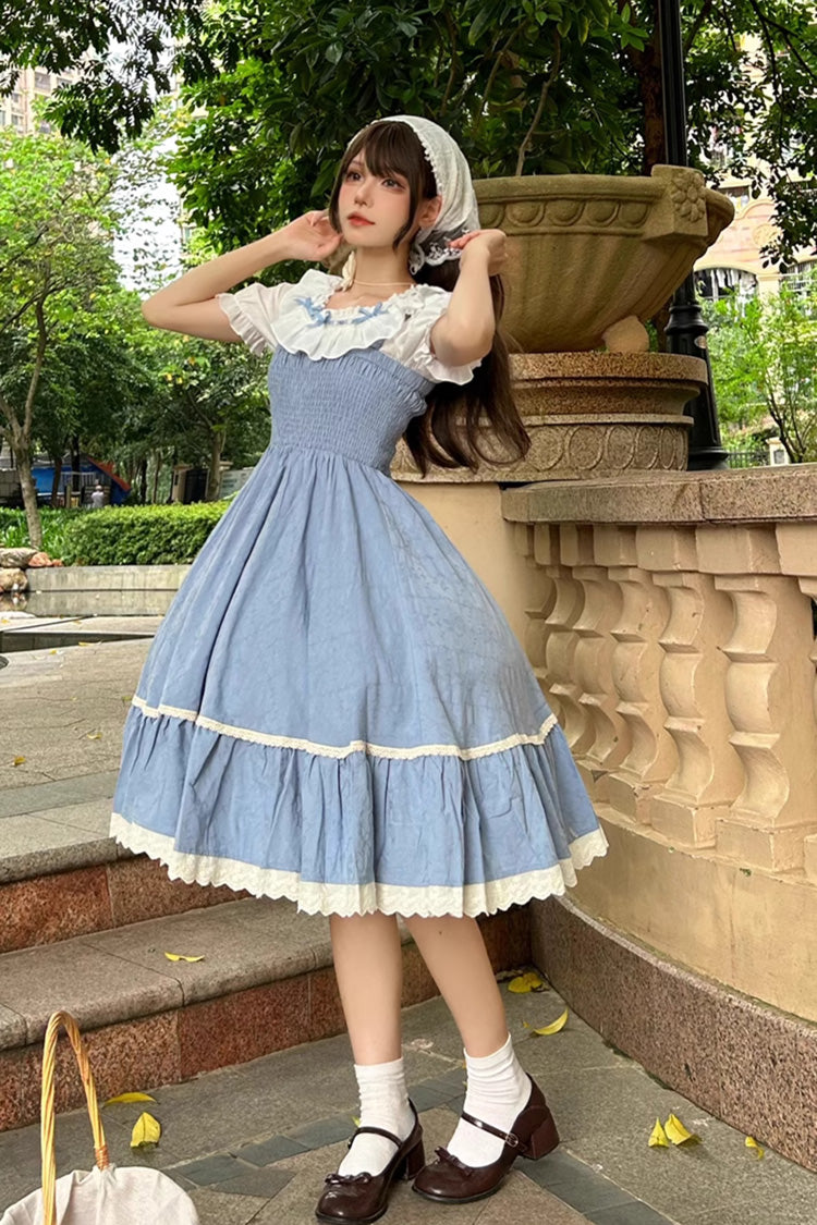 Blue Print Ruffle Stitching Lace Sweet Lolita Strap Dress Set