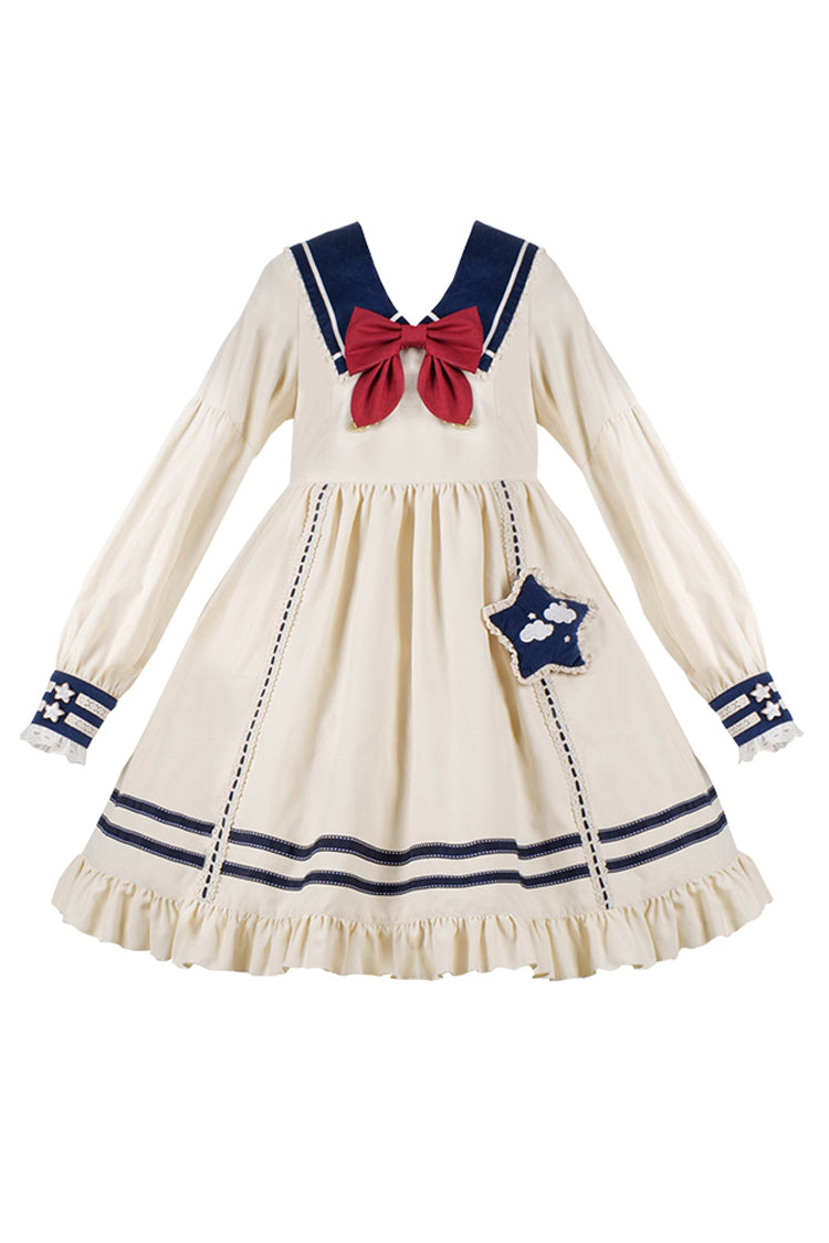 Navy Bowknot Ruffle Long Sleeve Lolita Dress