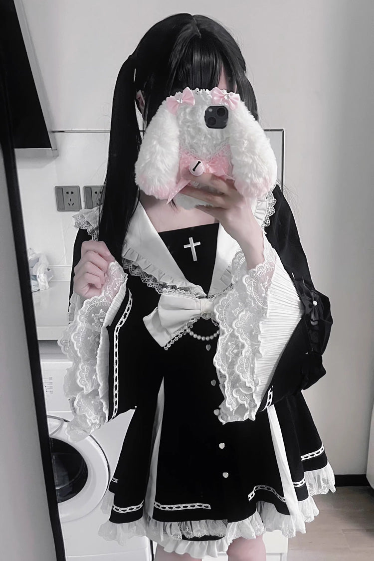 Dark Night Prayer Square Collar Long Sleeve Bow Lace Pearl Sweet Jirai Kei Dress and Shorts Set