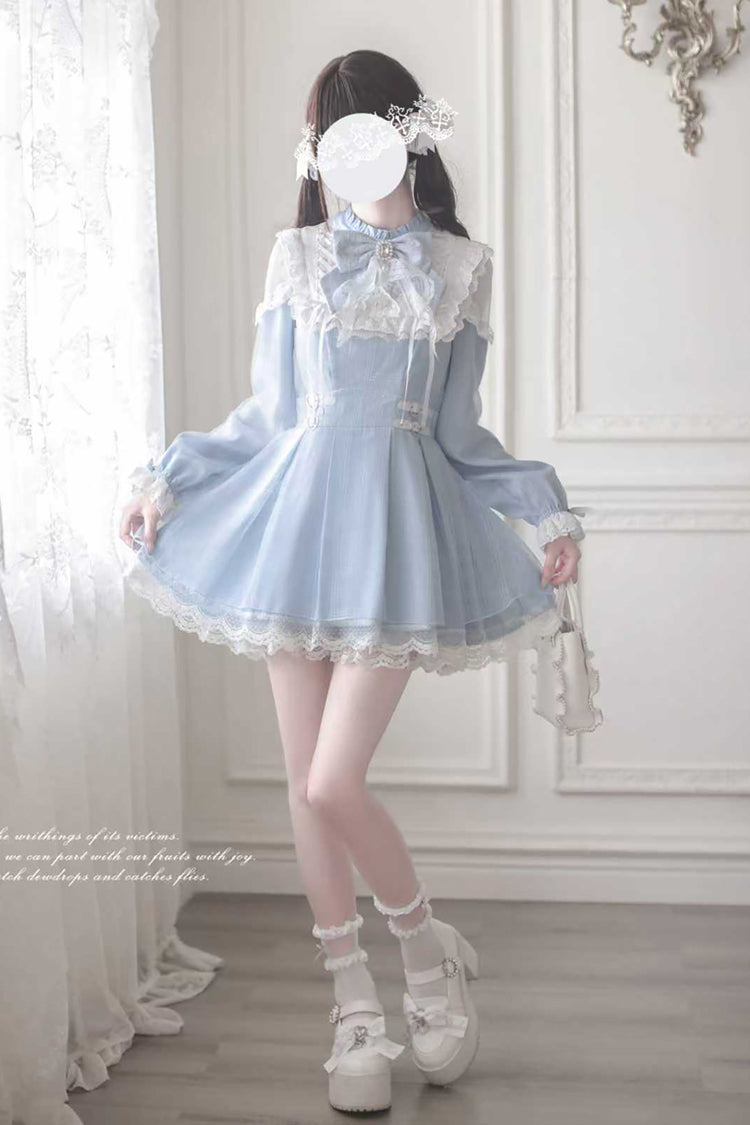 Aqua Long Sleeve Bow Lace Sweet Jirai Kei Dress