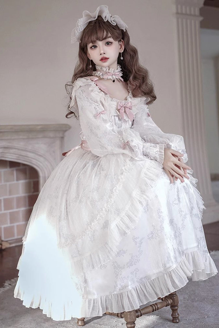 Ivory Rose Print Dress with Bowknot - Princess Lolita