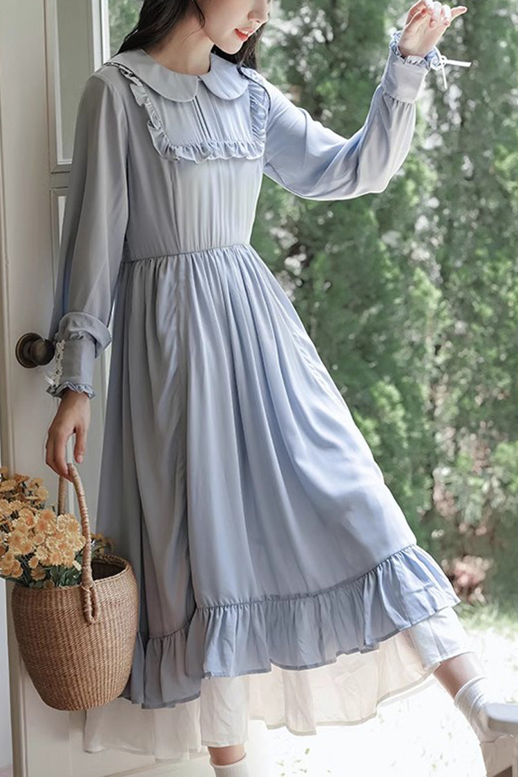 Blue Doll Collar Dress with Ruffled Sleeves - Sweet