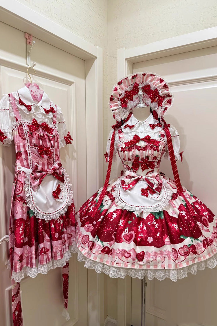 Dream to Strawberry Printed Ruffle Bow Lace Sweet Lolita JSK Dress in Four Shades