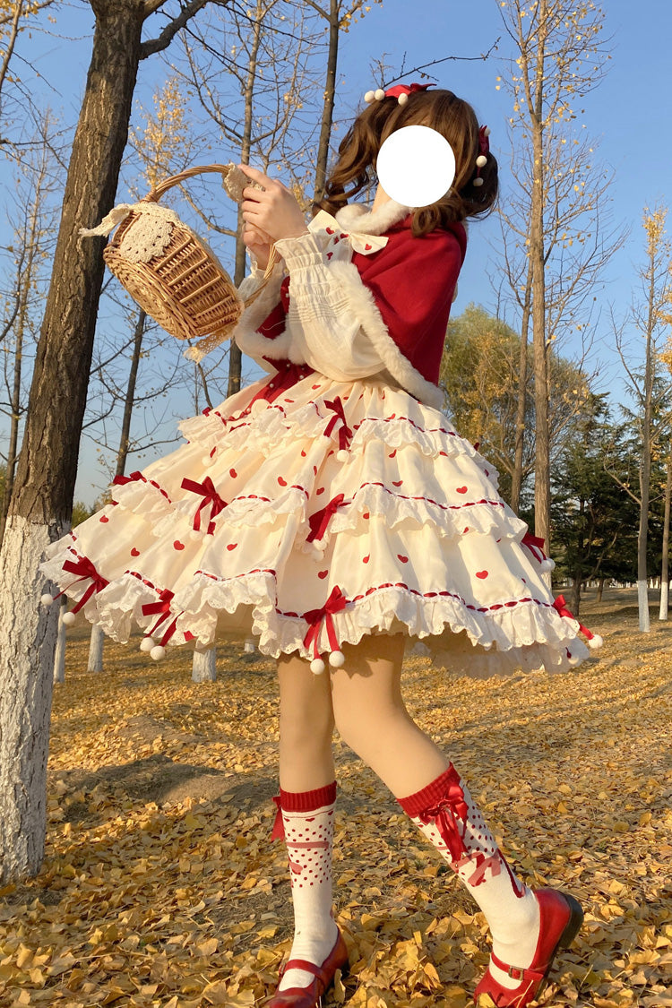 Crimson Apricot Triple-Layered Printed Ruffled Bow Lace Sweet Princess Lolita Dress with Cape