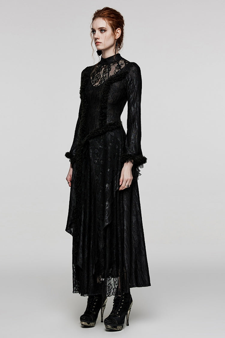 Ebony Long Bell Sleeves Cutout Stitching Lace Mesh Gothic Gown