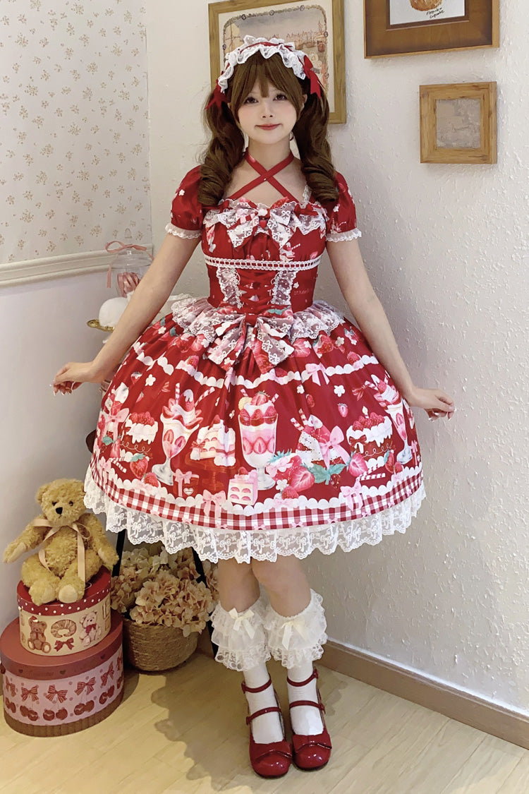 Crimson Strawberry Parfait Pattern Short Sleeve Bow Lace Corset Sweet Lolita Gown