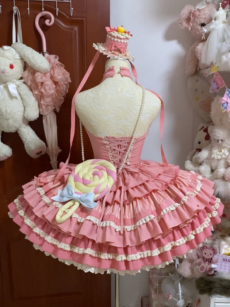 Pink Rose Halter Ruffle Skirt Neck Sweet Bow Lolita Idol Tiered Accents Dress