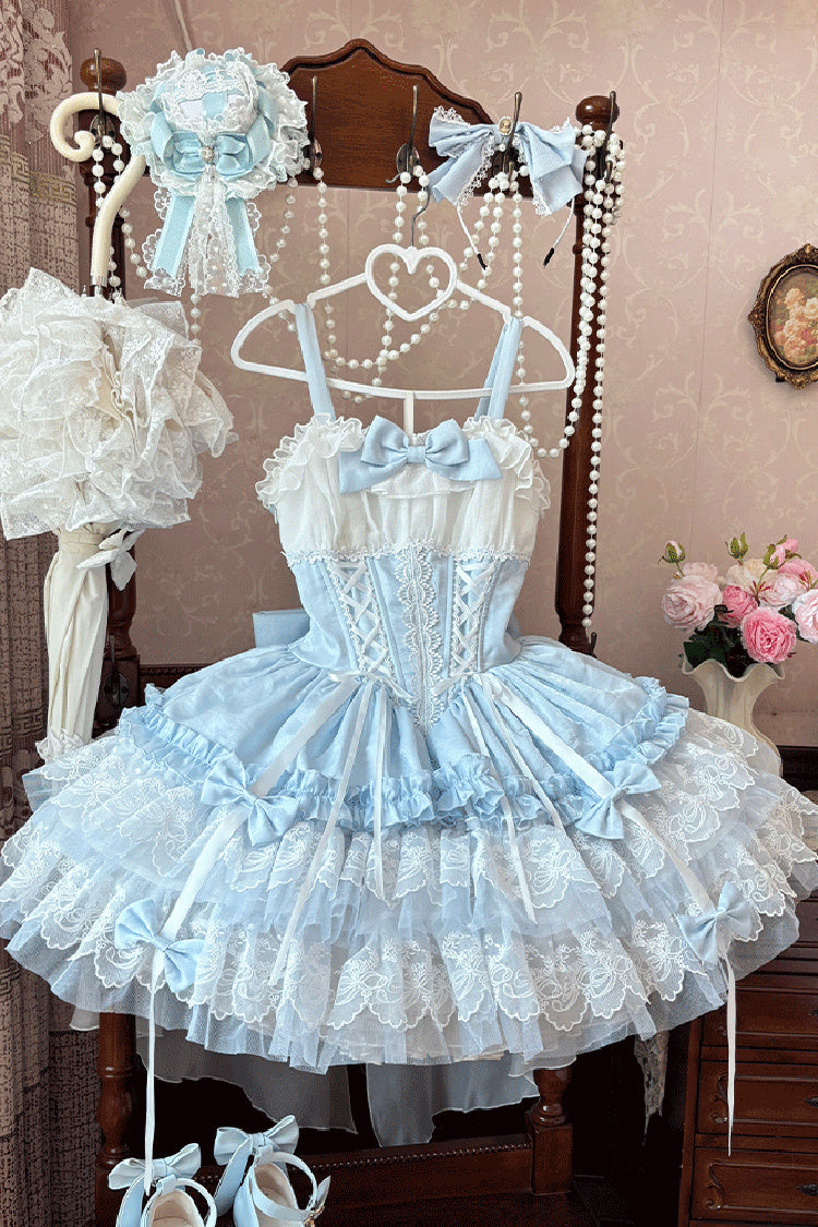 Indigo Sleeveless Triple Ruffle Bow Lace Corset Ballet Jumper Dress - Dance of Time