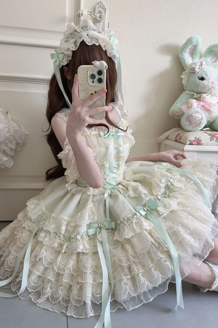 Emerald Sleeveless Layered Ruffle Bow Lace Corset Ballet Jumper Dress - Ribbon Heart Love