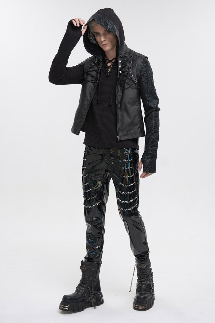Men's Punk Vest in Black with Front & Rear String, Stretch Cotton & Stand Collar