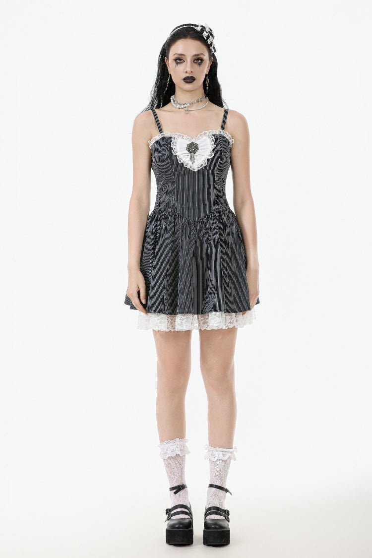 Monochrome Gothic Lolita Slip Dress with Pinstripes and Lace-Up Details