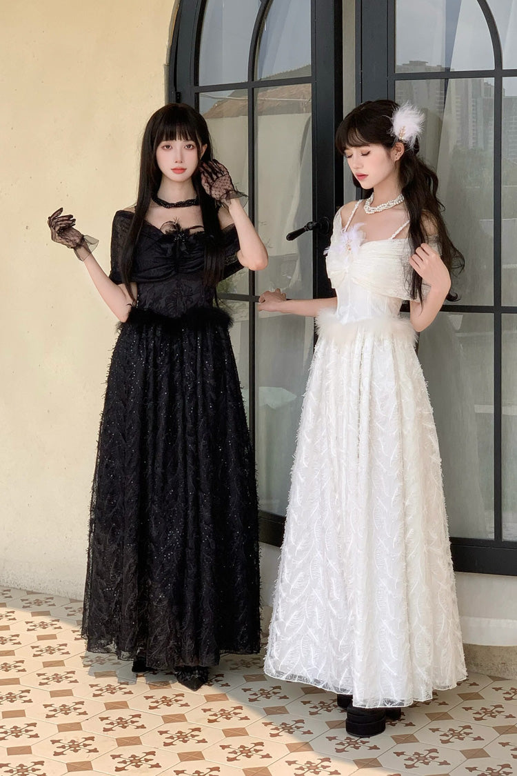 White Off Shoulder Jacquard Embroidered Bow Gothic Lolita Jsk Dress - Moonlight