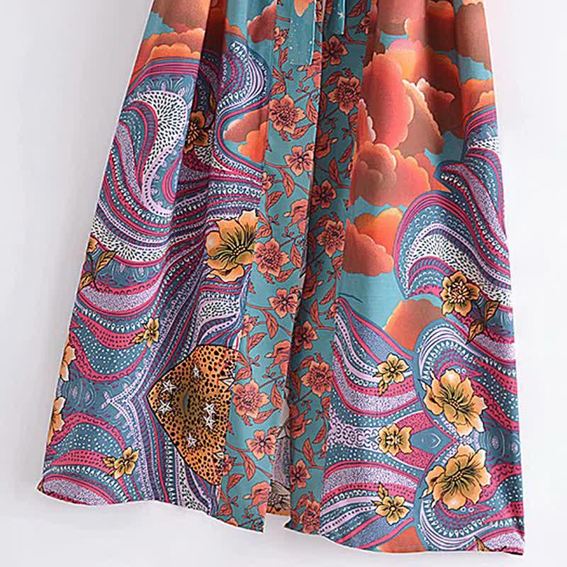 Boho Beach Moon Print Belt Robe Long Cardigan Kimono Outerwear