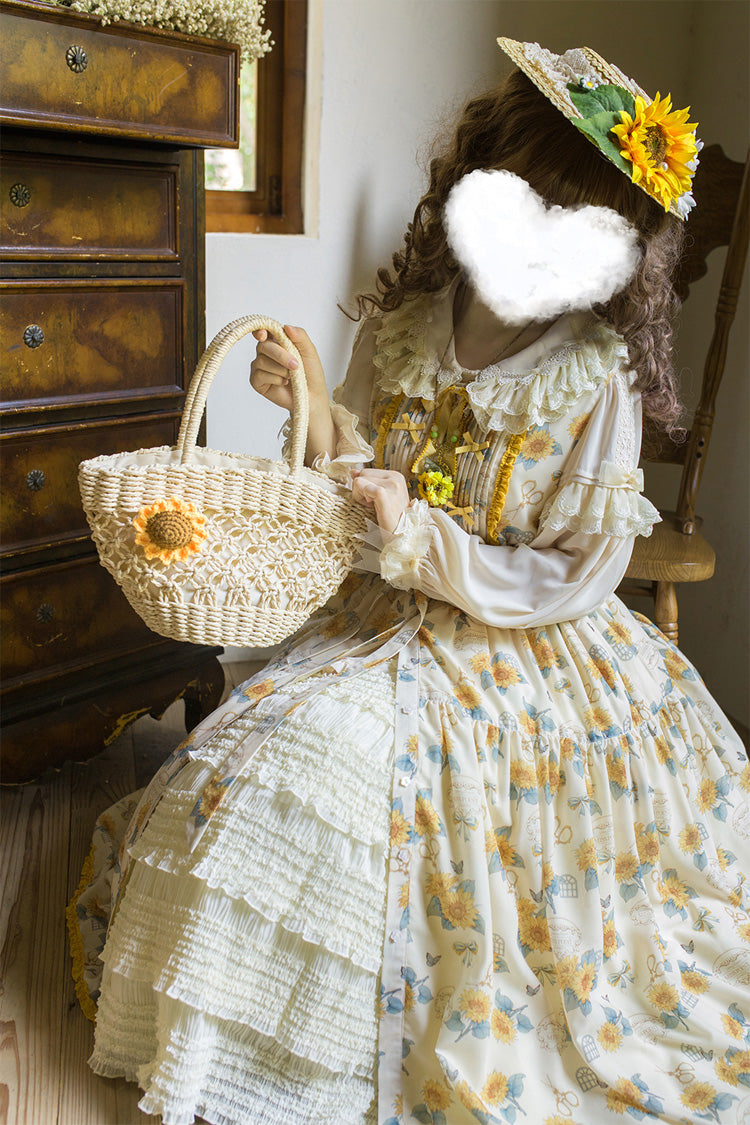 Apricot Sunflower Sleeveless Floral Bow Elegant Jsk Dress