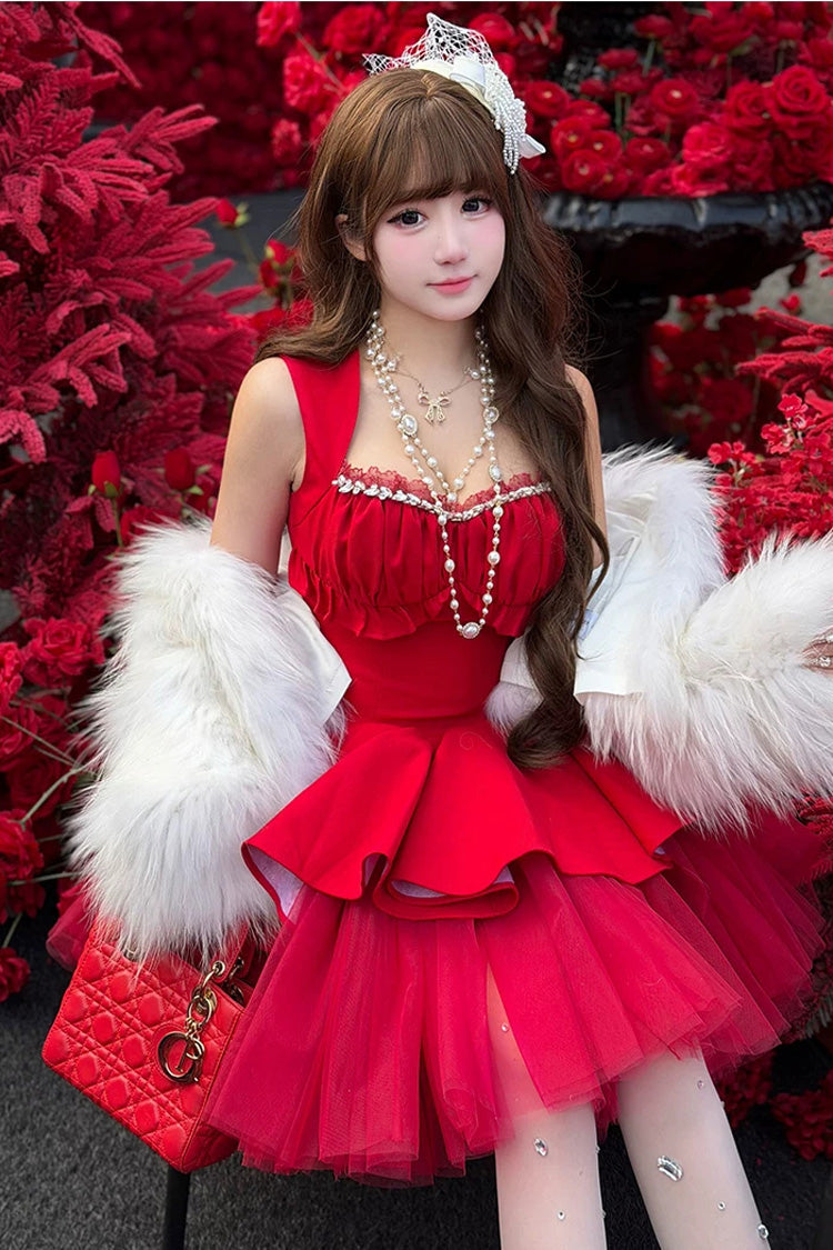 Crimson Romantic Rose Square Neck Sleeveless Ruffled Classic Ballet Lolita Gown