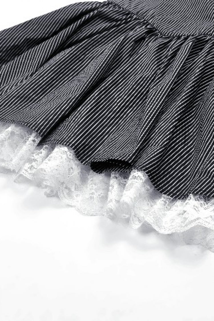 Monochrome Gothic Lolita Slip Dress with Pinstripes and Lace-Up Details