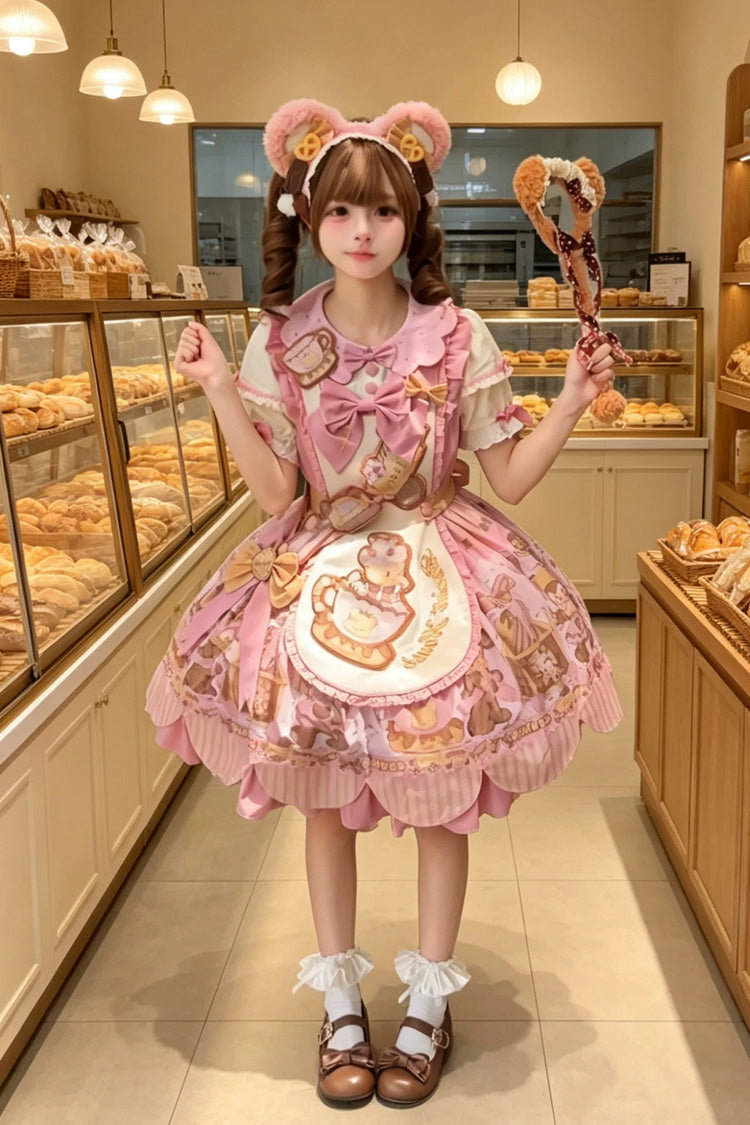 Teddy Bear Cookie Dessert Print Dress with Bow & Ruffles