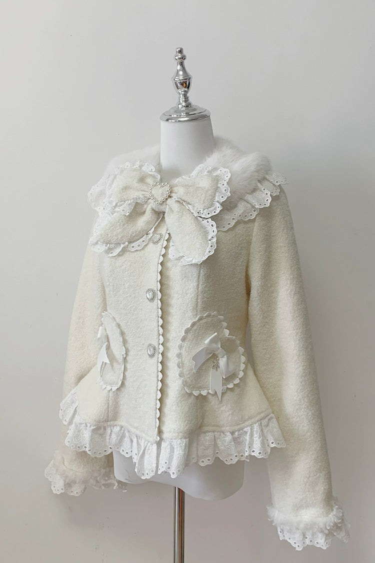 Diamond Strawberry Long Sleeve Bow Lace Pearl-Adorned Sweet Jirai Kei Lolita Coat in Three Colors