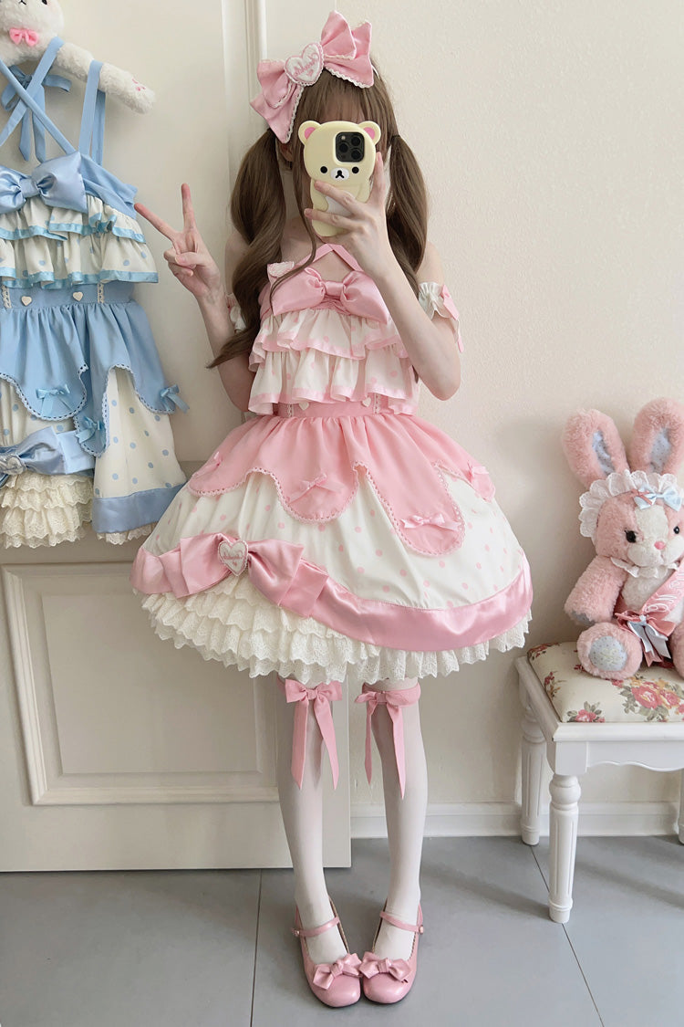 Pink Cream Polka Dot Ruffled Bowknot Sweet Lolita Jumper Dress
