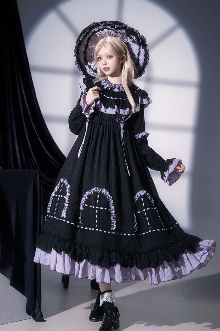 Noir Round Collar Long Sleeve Double Ruffle Lace-Up Dress - Twin Lilian