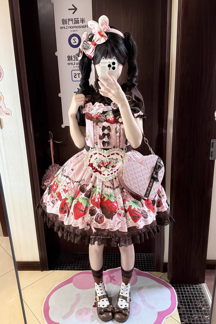 Rose Sleeveless Embroidered Bow Lace Lolita Strap Dress - Strawberry Chocolate Lover