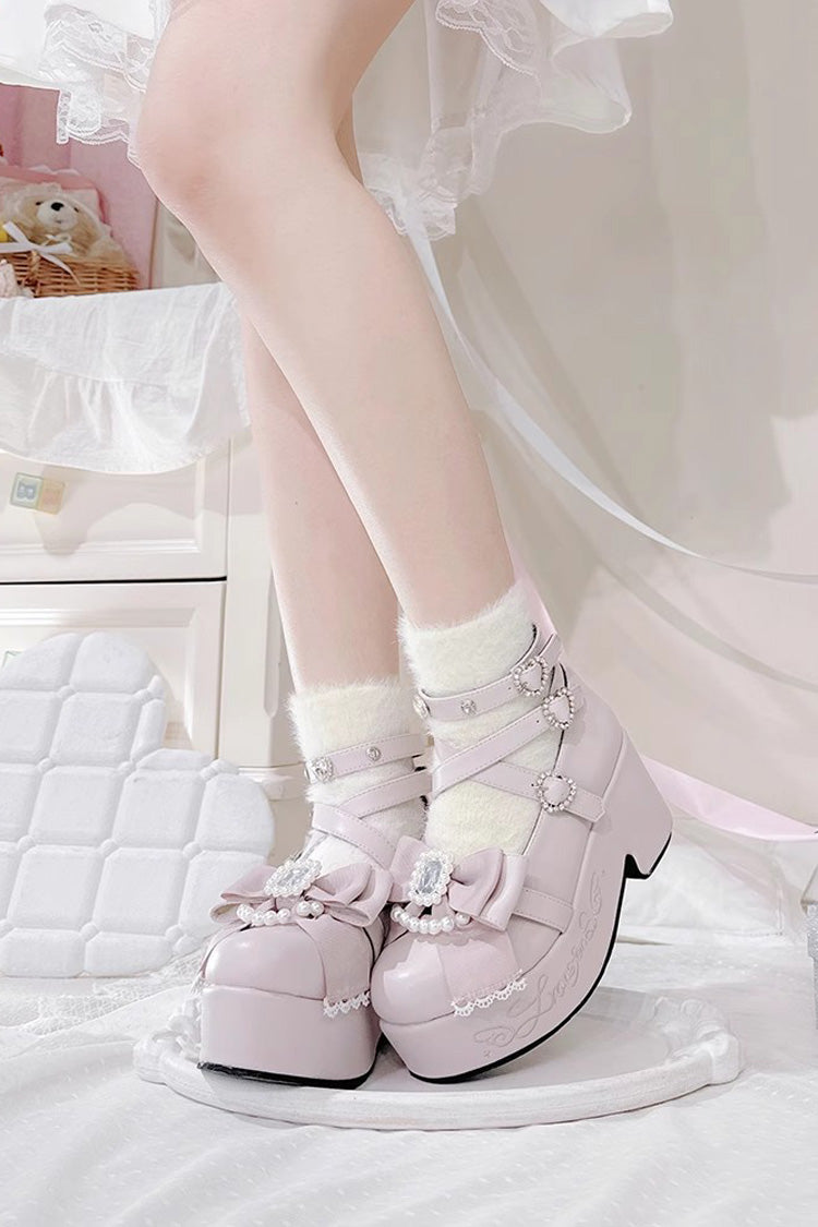 Declaration of First Love Embroidered Bow Sweet Jirai Kei Japanese Platform Shoes in Four Colors