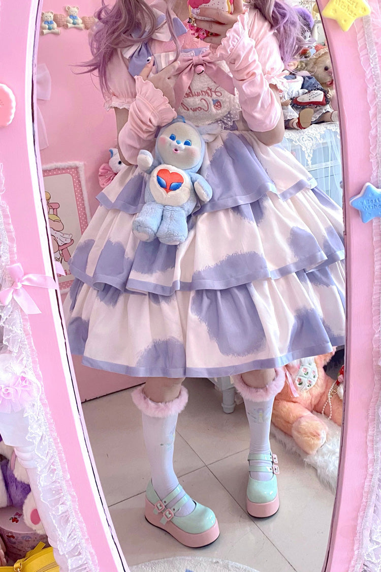 Blue Sleeveless Triple Layer Cow Print Ruffle Bow Sweet Jsk