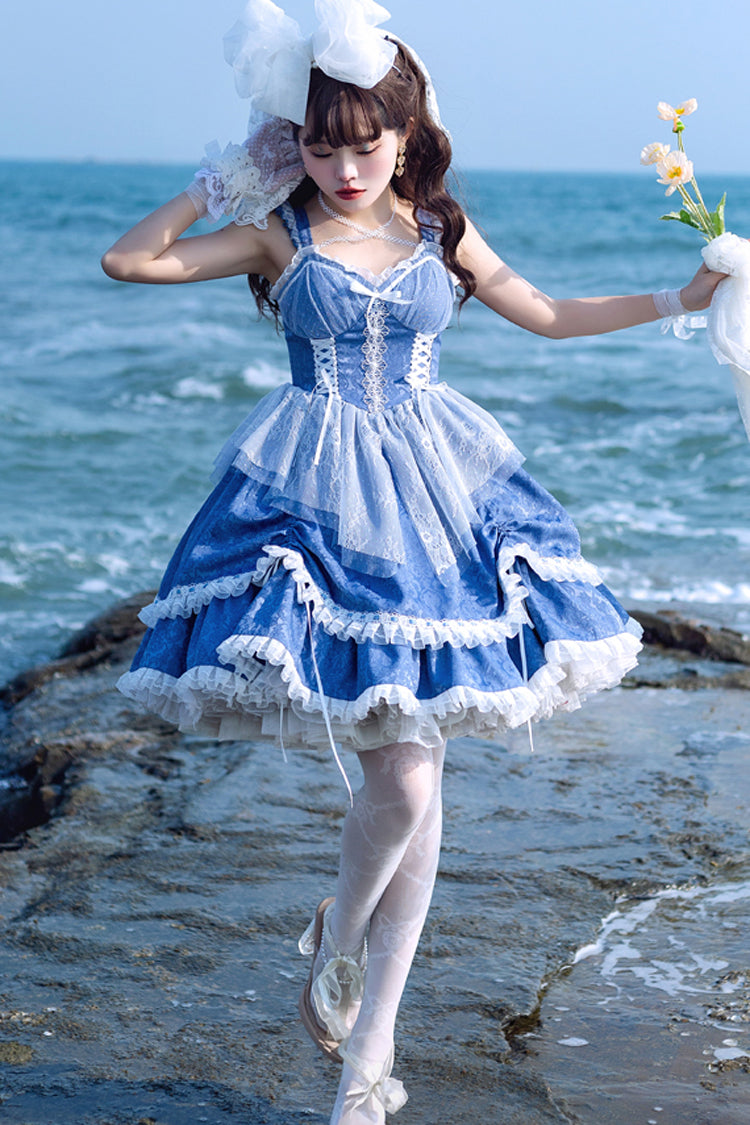 Blue Drawstring Pull-Up Hem Elegant Sweet Dress