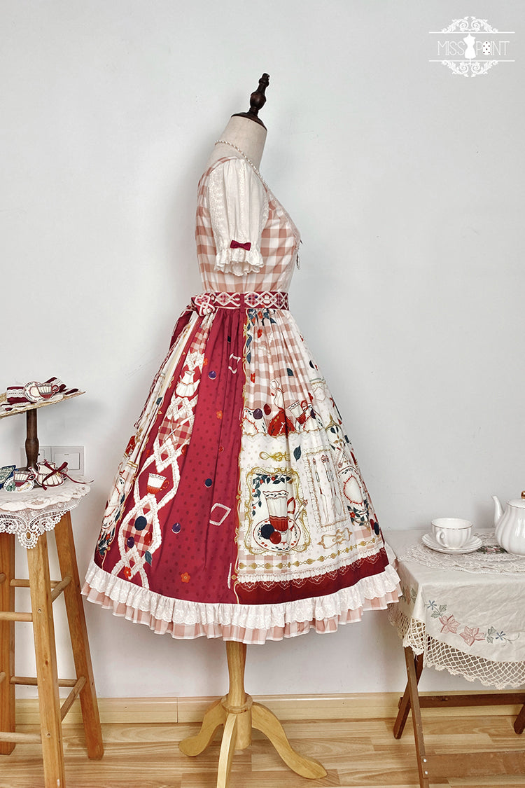 Crimson Tea Party Short Sleeve Printed Ruffled Bow Lace Sweet Elegant Lolita Gown