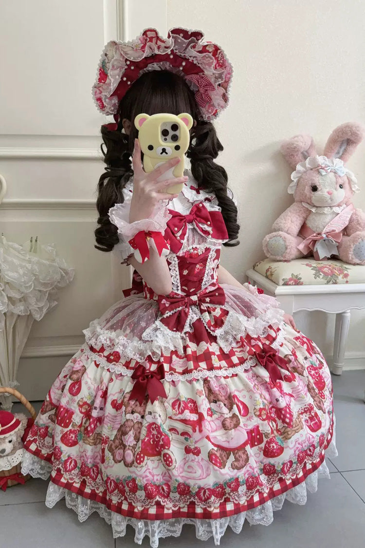 Crimson Sweet Berry Bunny Bear Printed Bow Lace Laced Sweet Lolita Jumper Dress