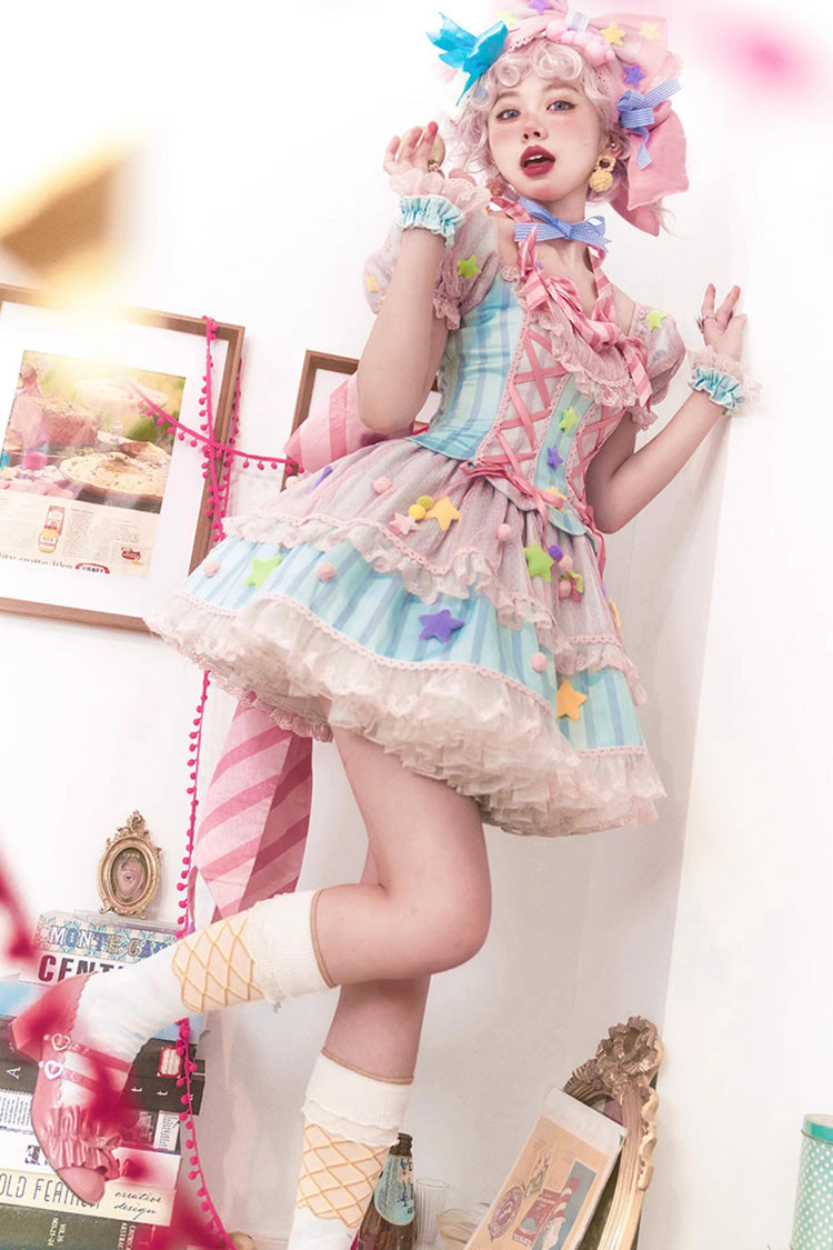 Pink Sugar Magic Printed Ruffle Bow Lace-Up Lolita Gown