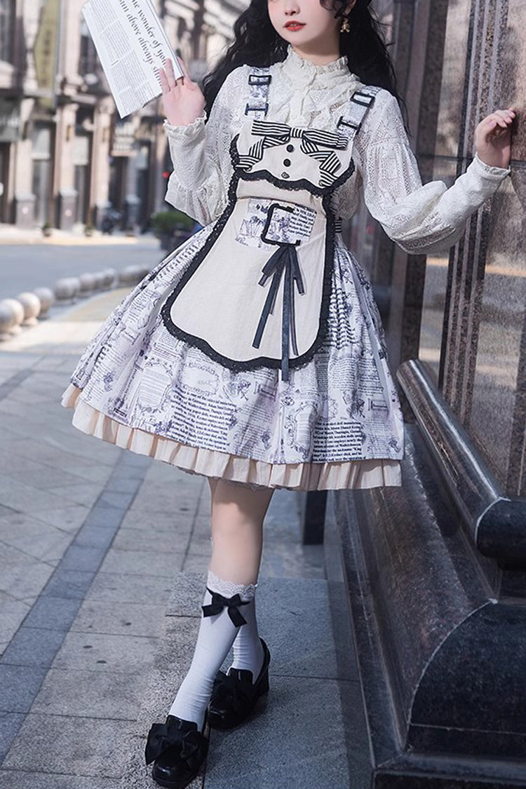 White Classic Lolita Strap Dress with Vintage Berlin Print and Apron