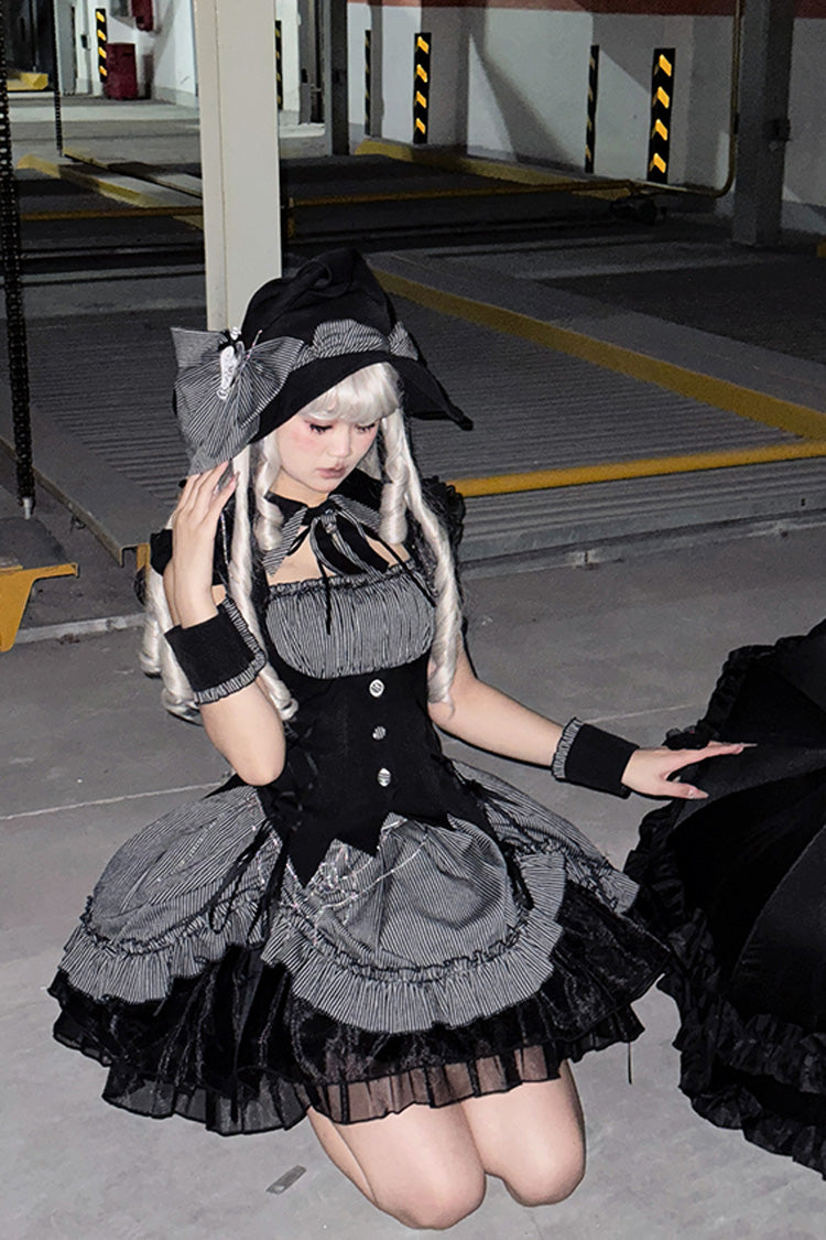 Gothic Lolita Dress with Triple-Layered Ruffle, Bowknot, Lace, Grey Potions