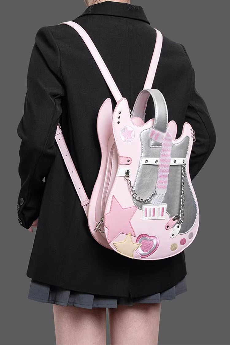 Embroidered Itabag with Guitar Heart and Chain, Color-Block Sweet Lolita