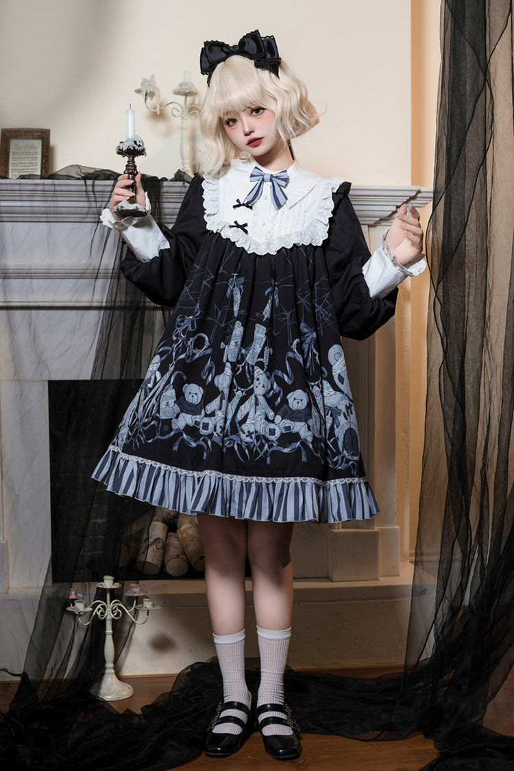 Black Bandage Bear Print Long Sleeves Ruffle Bow Lace Gothic Dress