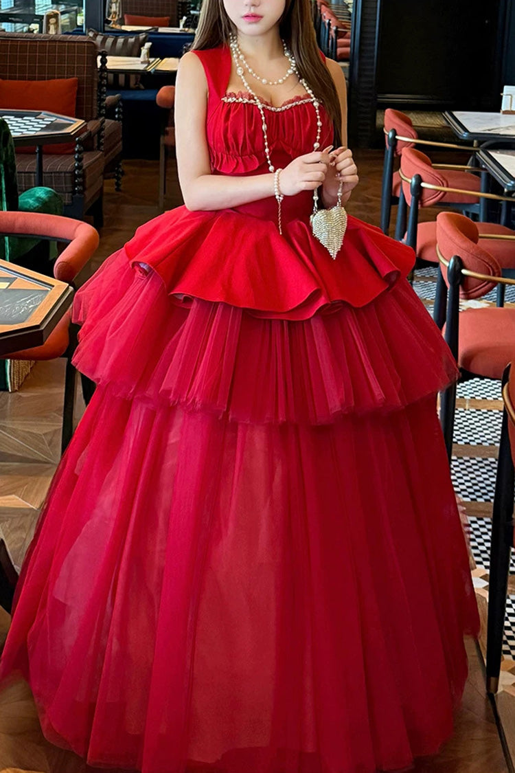 Crimson Romantic Rose Square Neck Sleeveless Ruffled Classic Ballet Lolita Gown