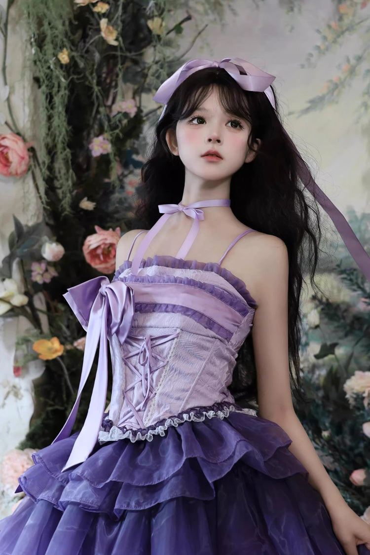 Sleeveless Triple-Layered Ruffled Bow Lace-Up Sweet Elegant Lolita Skirt Dress Set - Lily of the Valley in Falling Snow