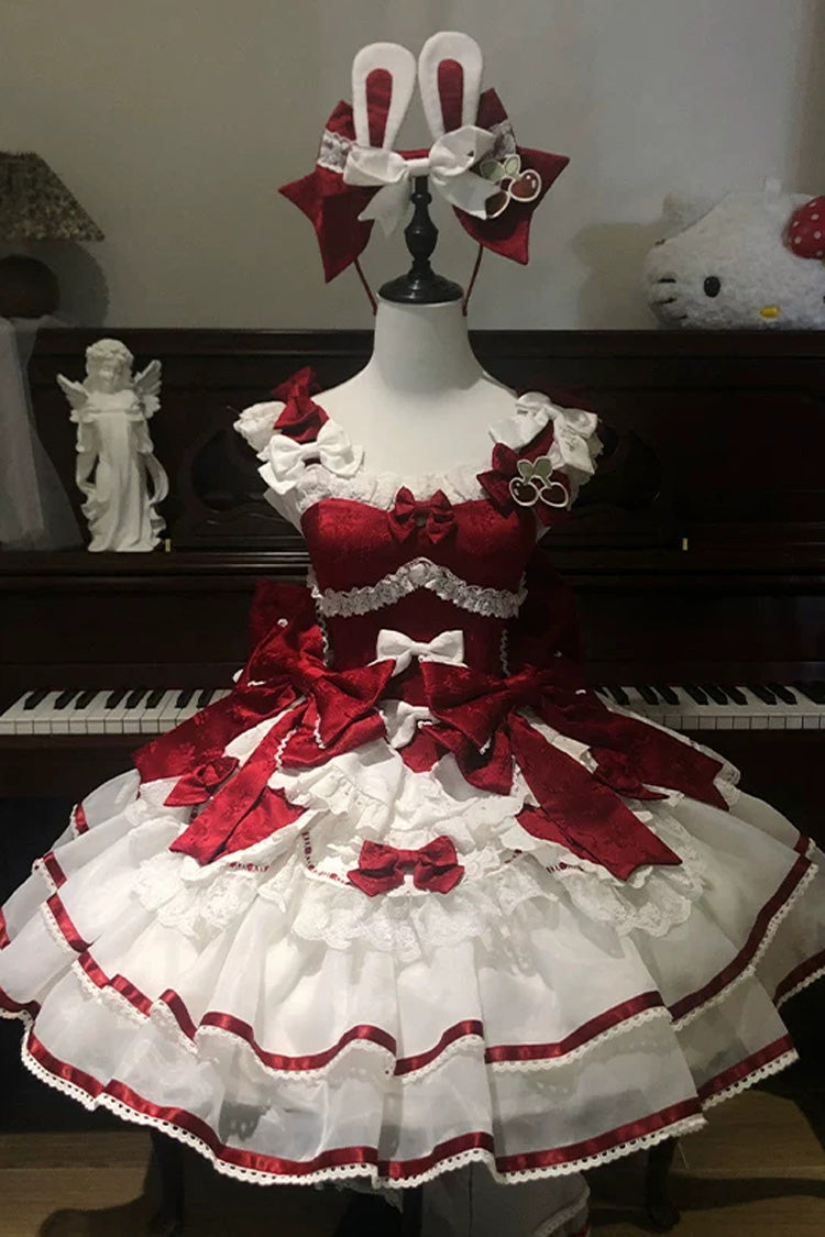 Scarlet Velvet Rabbit Sleeveless Multi-Layered Ruffled Bow Sweet Lolita Jumper Dress Set
