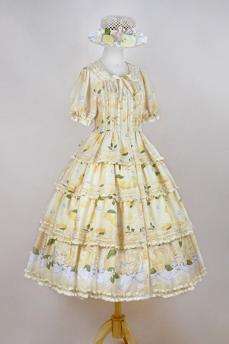 Triple-Layered Print Ruffled Bow Lace Sweet Gorgeous Lolita Dress - Yellow Lemon Chicken