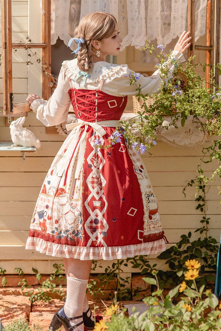 Scarlet Tea Party Printed Ruffled Bow Lace Sweet Elegant Lolita Jumper Dress