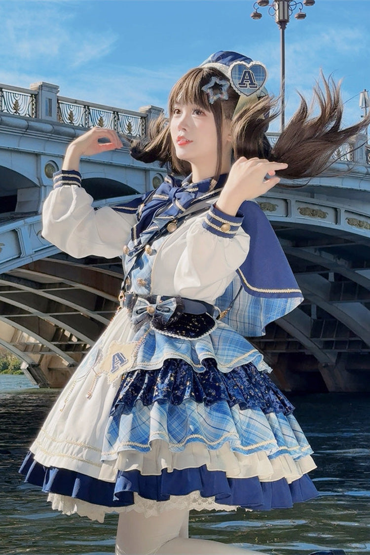 White Blue Starlight Academy Style Long Sleeves Printed Ruffled Spliced Asymmetric Faux Two-Piece Sweet Dress