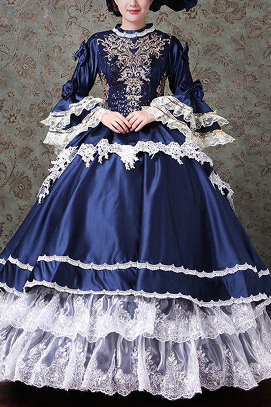 Victorian Prom Gown with Flared Sleeves, Lace, and Embroidery