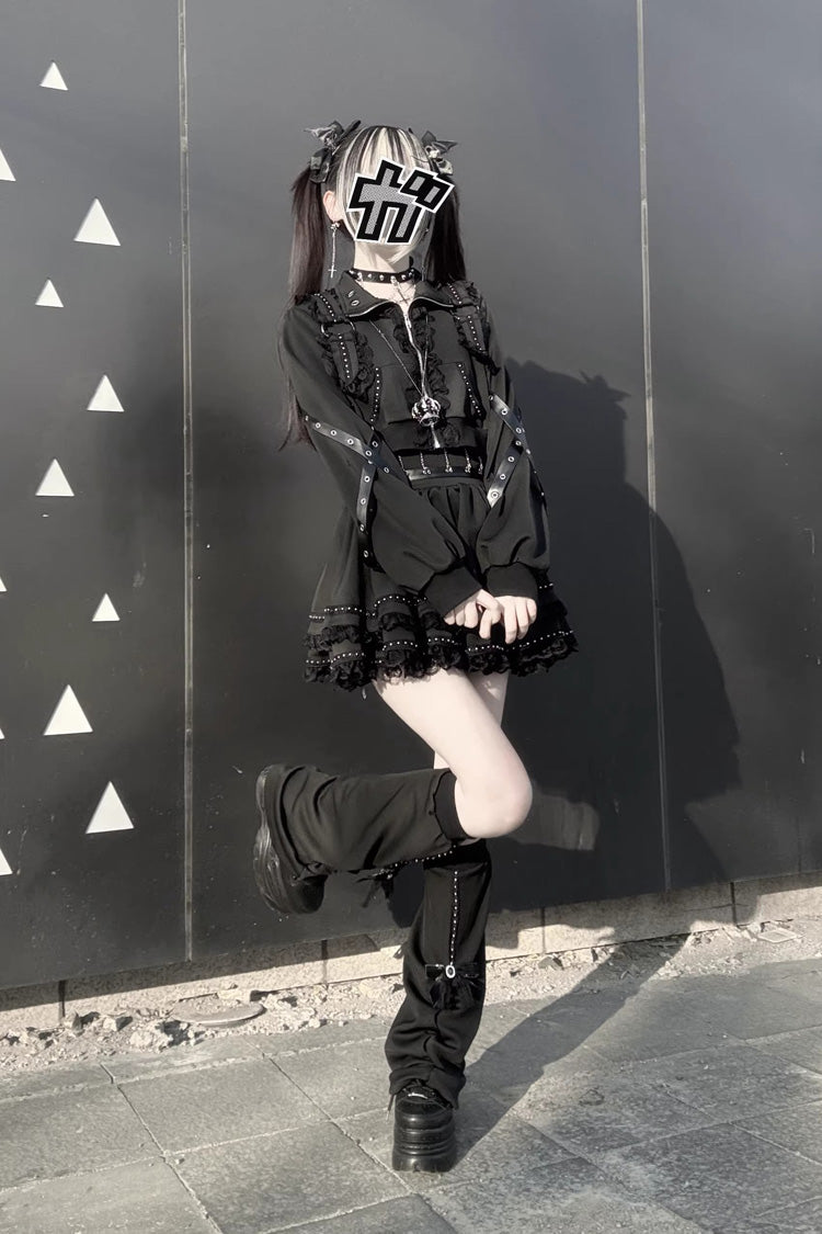 Ruffled Lace Zippered Gothic Jirai Kei Handsome Skirt Set
