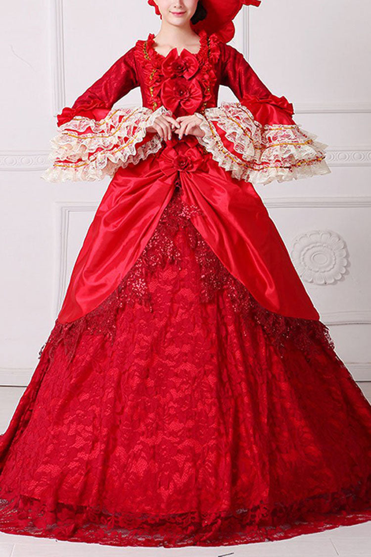 Red Lace Trumpet Sleeve Victorian Gown - Bowknot Hollow Embroidery